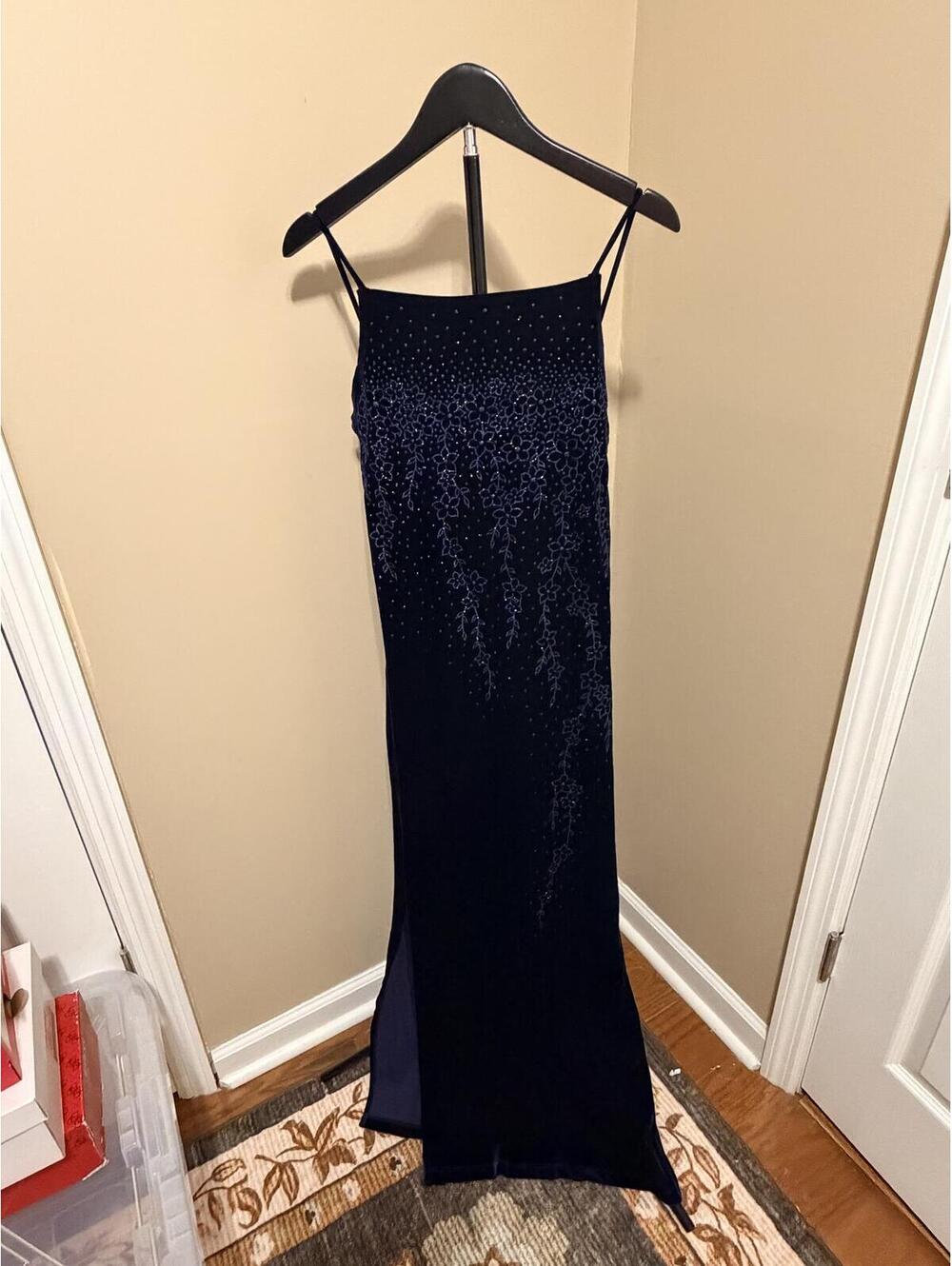 Vintage Push Velvet Beaded Floral Gown Size L Navy Blue Formal Dress